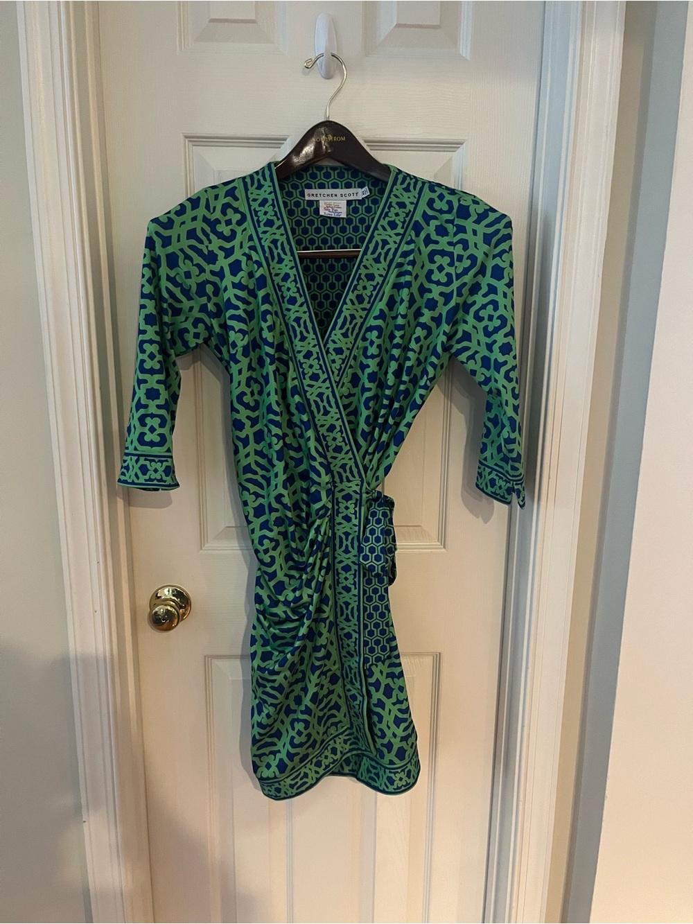 Gretchen Scott Designs Green and Blue Printed Wrap Midi Dress